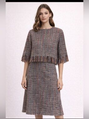 Barelli size 8 Multicolor Tweed metallic Fringe top and skirt set
